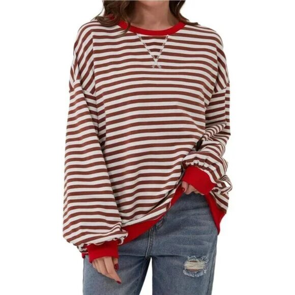 Maroon Red Striped Oversized Sweatshirt - Picture 1 of 6